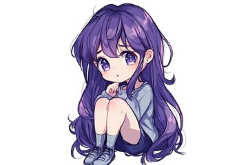 Cute Anime Girl with Long Purple Hair Sitting Down