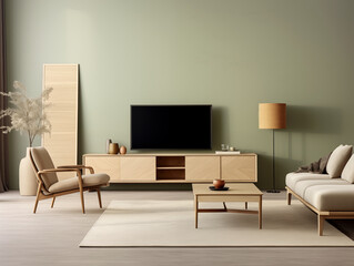 Japandi rustic minimalist, wabi sabi style simple interior sage green couch against light color wall with shelf and decor 