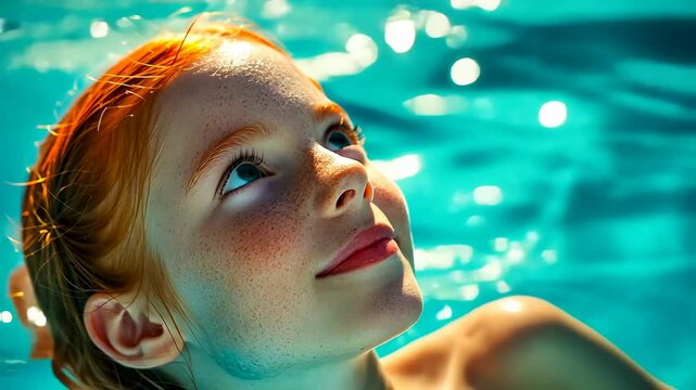 A young red-haired caucasian girl relishes a sunny day in the pool, her face beaming with joy. The clear blue water and sunlight enhance her happiness as she swims during the afternoon.