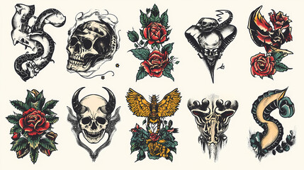 Fototapeta premium A variety of classic tattoo designs perfect for retro projects. Tattoo Art. Illustration