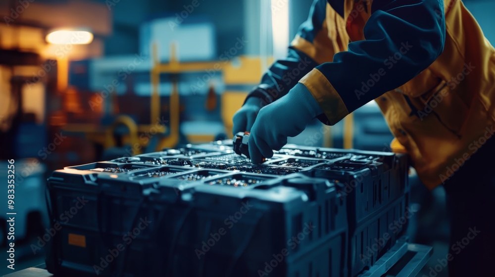 Poster technician in protective gloves working on industrial battery pack in factory. close-up of hands ass