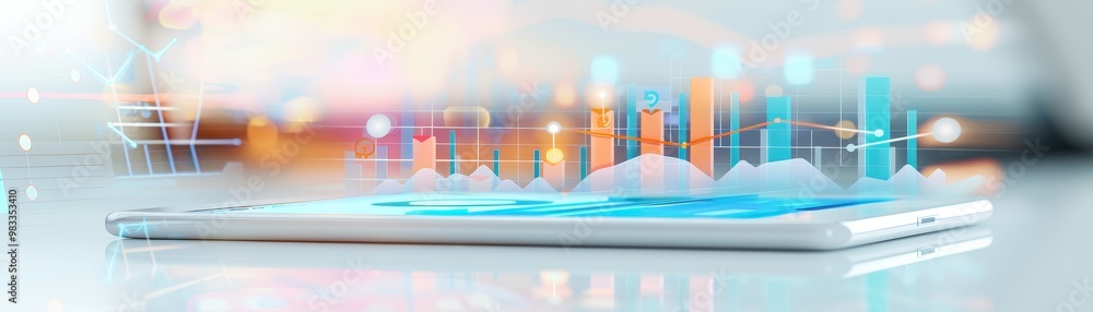 Poster a sleek tablet displays colorful data visualizations, showcasing graphs and analytics against a mode
