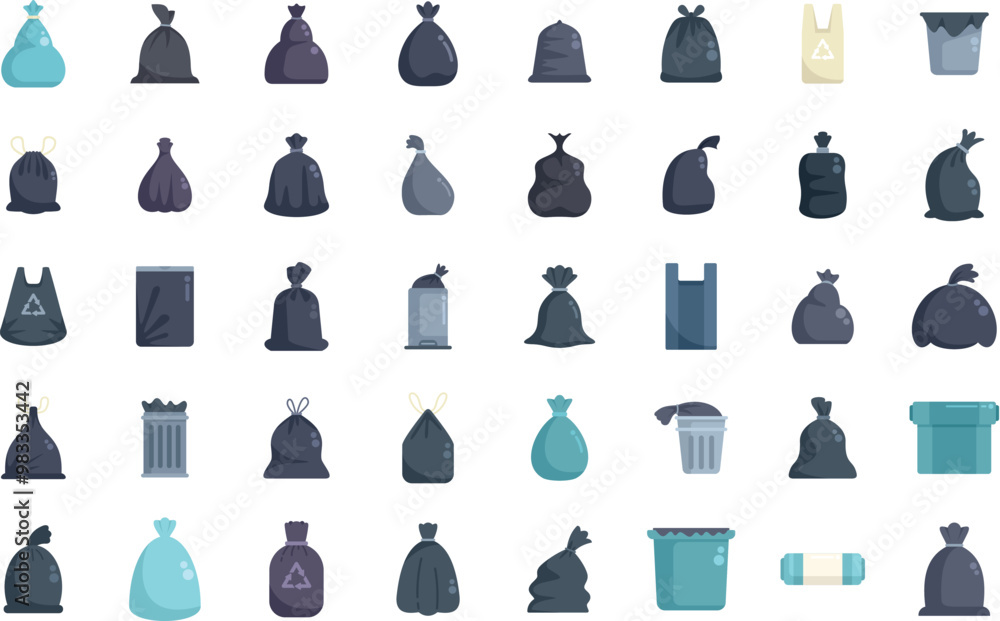 Poster this is a large set of garbage bags and trash bins being full of trash icons set