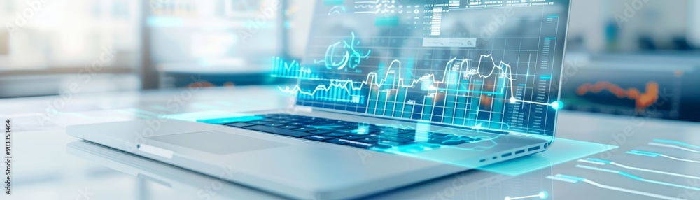 Poster a sleek laptop with a futuristic holographic display showcasing data and analytics, symbolizing adva