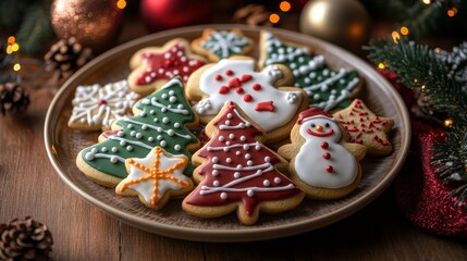 Brown plate with various homemade Christmas cookies in the shape of snowmen, Christmas trees, stars on festive wooden background with New Year decorations, sweet traditional treat for holiday.