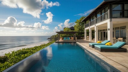 Fototapeta premium Experience Luxury at This Beachfront Villa Rental With an Infinity Pool and Breathtaking Ocean Views. Generative AI