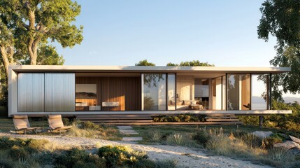 Fototapeta premium A modernist retreat home with sliding walls made from aluminum siding, allowing residents to adjust their exposure to the natural environment while maintaining a sleek, minimalist aesthetic
