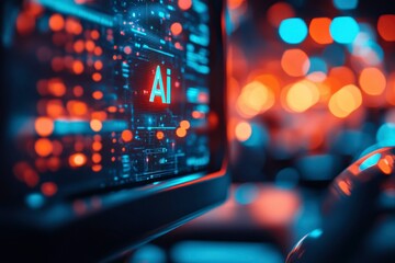 Obraz premium AI Symbol on a Computer Screen with Blurry Lights