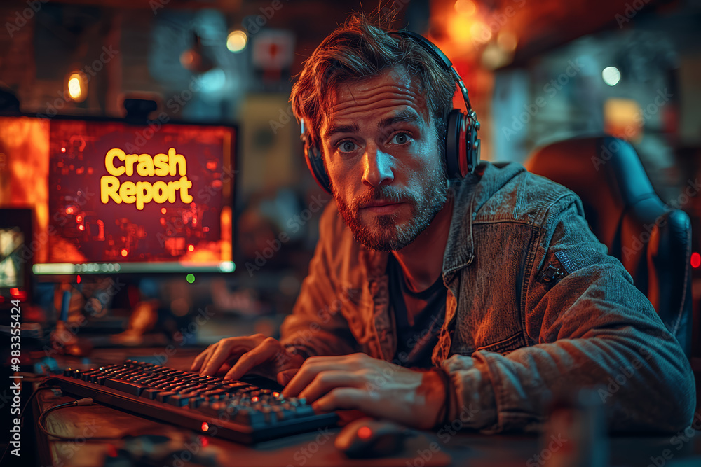 Poster a tech entrepreneur trying to type on a keyboard that's twice the size of their desk while their com