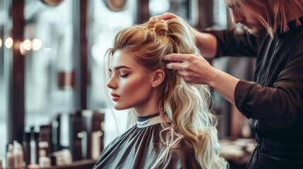 GHairdresser doing wedding hairstyle for blonde woman in salon. Professional hairdressing services with hairstylist creating elegant hairstyle. Beauty and self-care concept