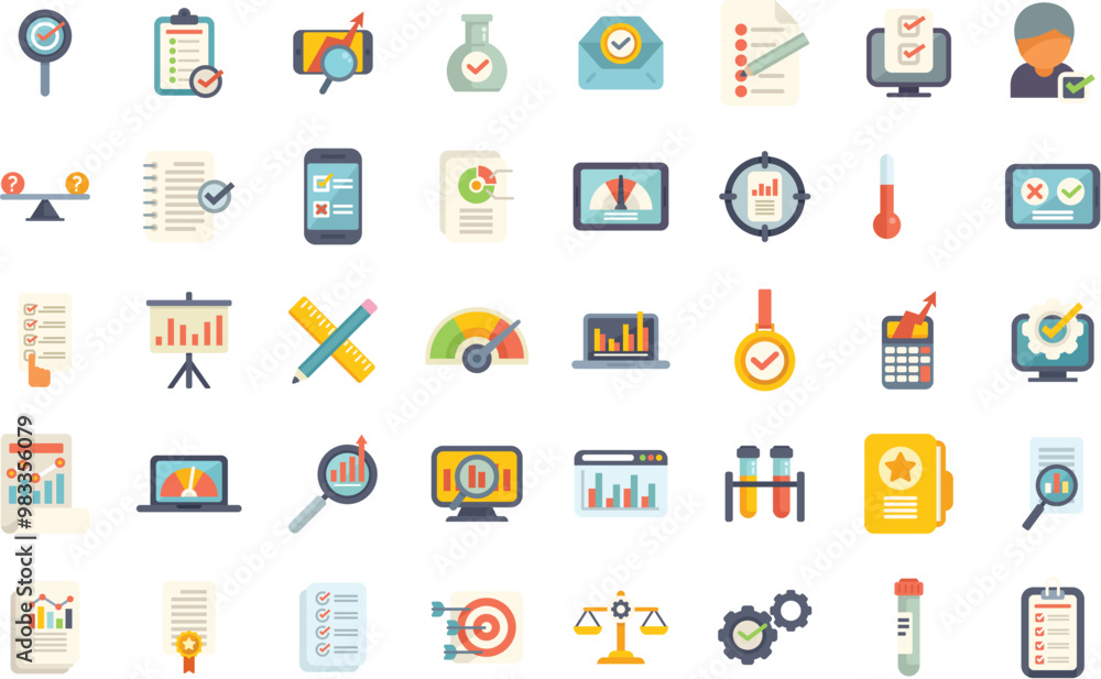 Poster this vector icon set illustrates various concepts related to evaluation, assessment, and analysis in