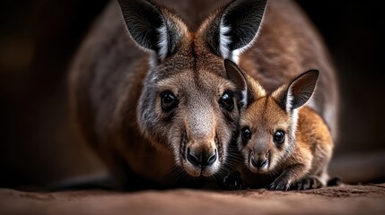 Fototapeta premium A close-up image of a kangaroo mother and her baby, showcasing their expressive eyes and soft fur, This picture can be used for wildlife presentations, educational materials