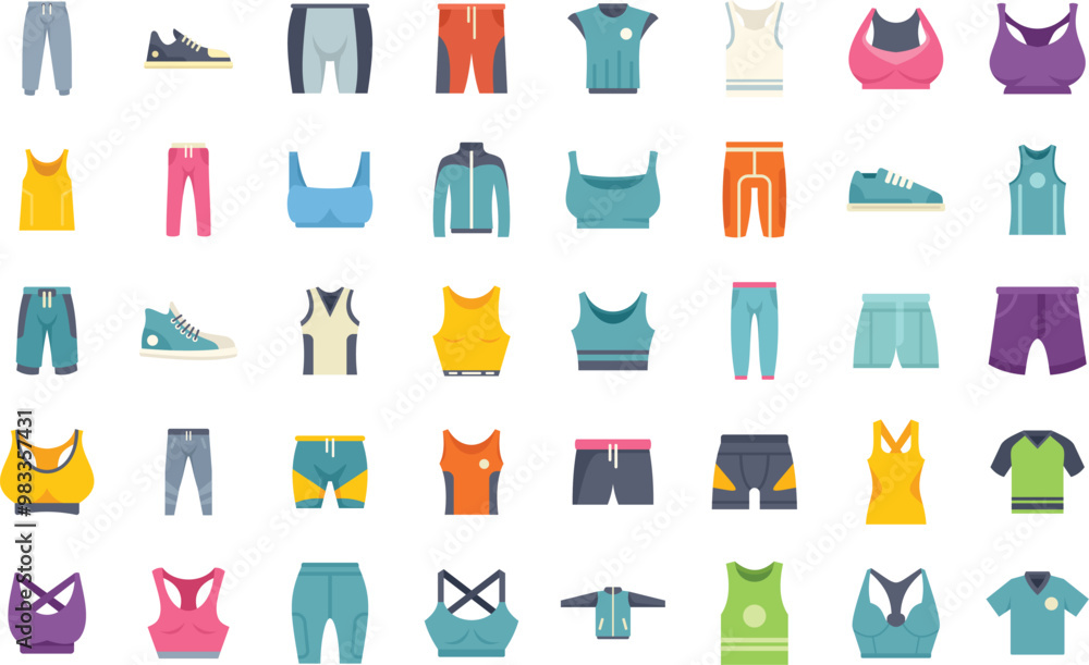 Wall mural variety of colorful sportswear apparel is being presented in this collection of vector icons