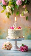 Birthday cake with candle number 4, presents, hats and colorful balloons over light grey background. Birthday Party