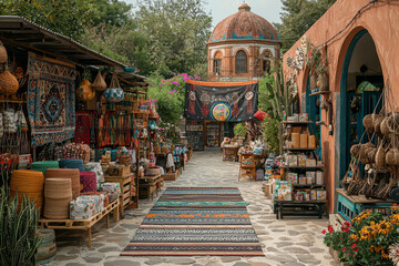 Fototapeta premium A local market selling handmade goods under a large banner with a globe on it, representing support for local economies and global fair trade.