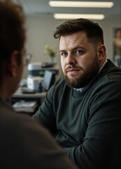 Obraz premium mentoring at the workplace, increasing knowledge through contemplation, comfortable sweater, long shot oblique angle, blurred backdrop during early afternoon