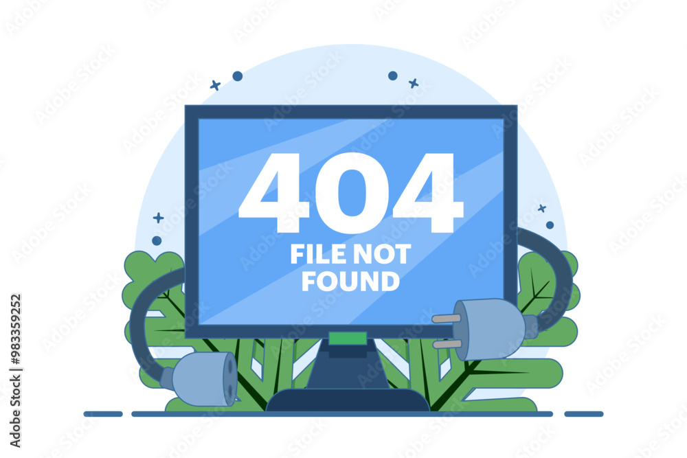 Poster concept of 404 error, system error, broken page, cable and socket, page not found. unplug system err