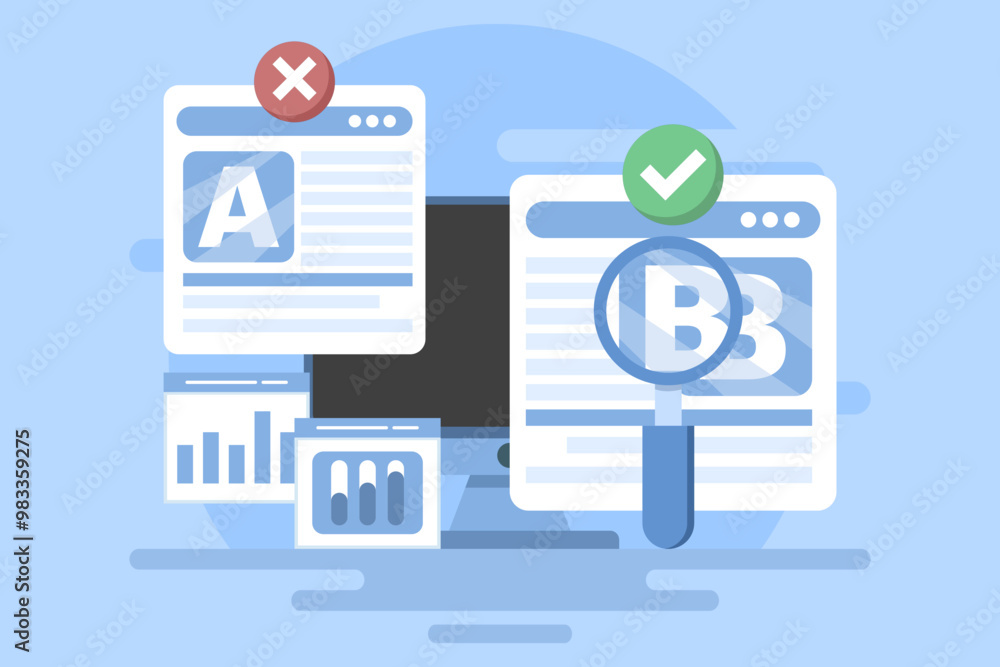 Poster a and b testing concept, ab testing landing page website, ab testing social media ads, ab testing an