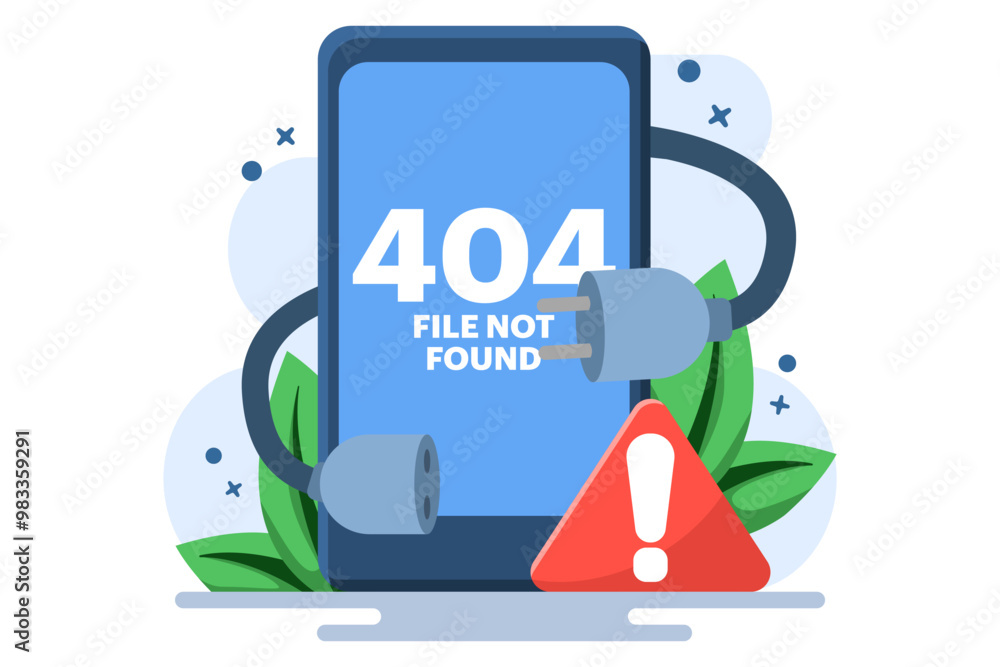 Poster concept of 404 error, system error, broken page, cable and socket, page not found. unplug system err