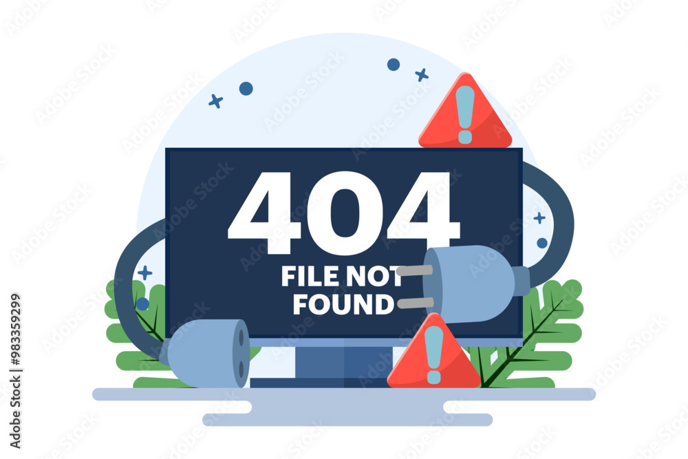 Poster concept of 404 error, system error, broken page, cable and socket, page not found. unplug system err