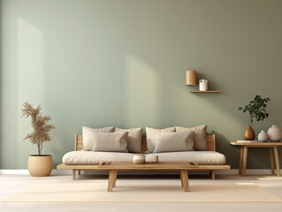 Japandi simple minimalist living room interior with neutral decor against celadon green wall