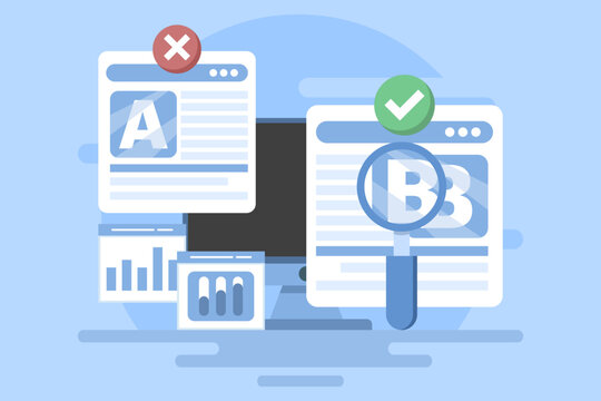 A and B testing concept, AB Testing landing page Website, AB Testing social media ads, AB testing analysis. flat vector illustration on background.
