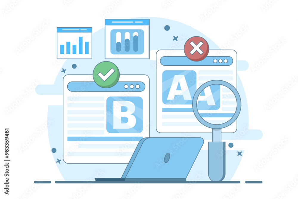 Poster a and b testing concept, ab testing landing page website, ab testing social media ads, ab testing an