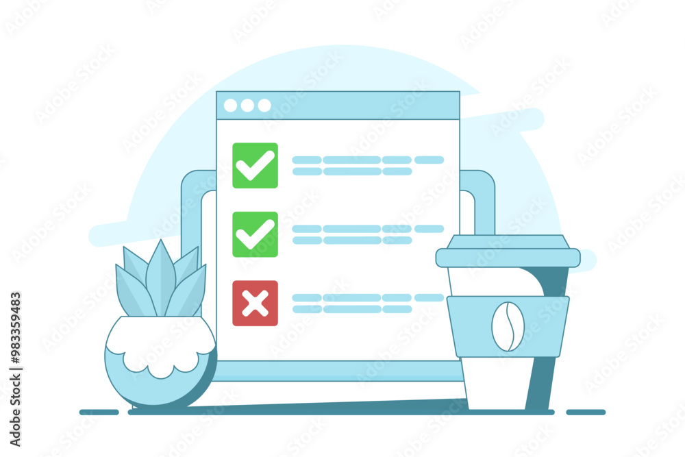 Poster computer concept with checklist. computer with check mark and cross. online testing. checklist and c