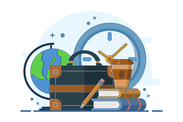 back to work concept, bag and books, office, businessman, education, back to work after break or leave. banner template, web, landing page. flat vector illustration on background.