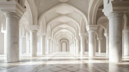 Fototapeta premium Elegant marble corridor in a grand architectural structure showcasing intricate arches and columns under soft lighting