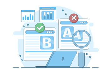 A and B testing concept, AB Testing landing page Website, AB Testing social media ads, AB testing analysis. flat vector illustration on background.