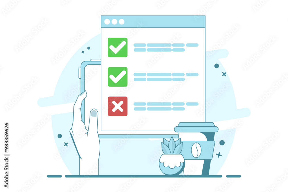 Poster computer concept with checklist. computer with check mark and cross. online testing. checklist and c