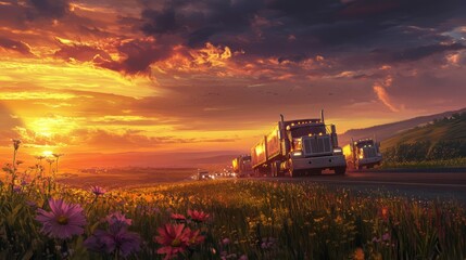 Fototapeta premium Trucks on a Scenic Road at Sunset