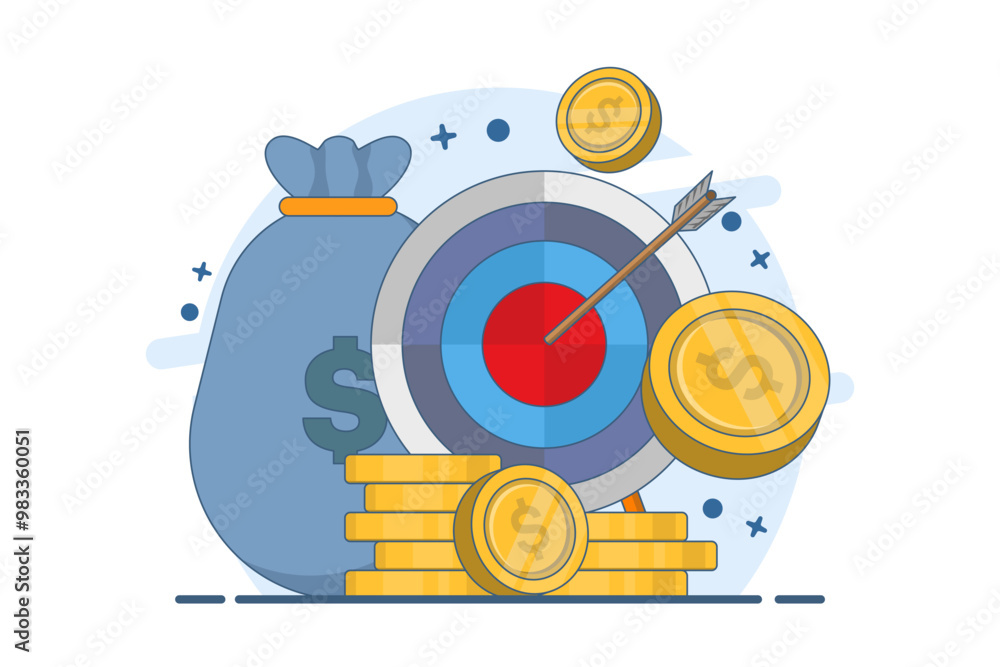 Aufkleber financial target concept, dart target with money bag and coin stack. dart board with darts and money