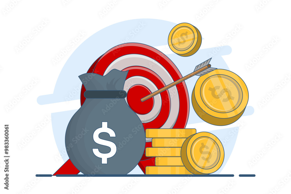 Aufkleber financial target concept, dart target with money bag and coin stack. dart board with darts and money