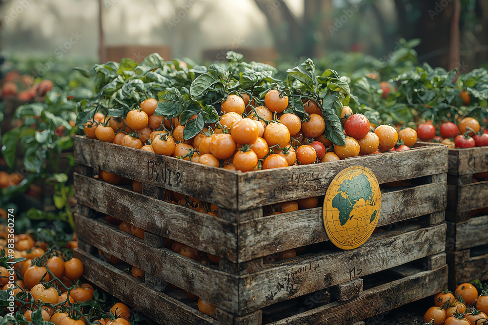 Poster a community-supported agriculture program with a globe symbol on the crates, promoting local farming
