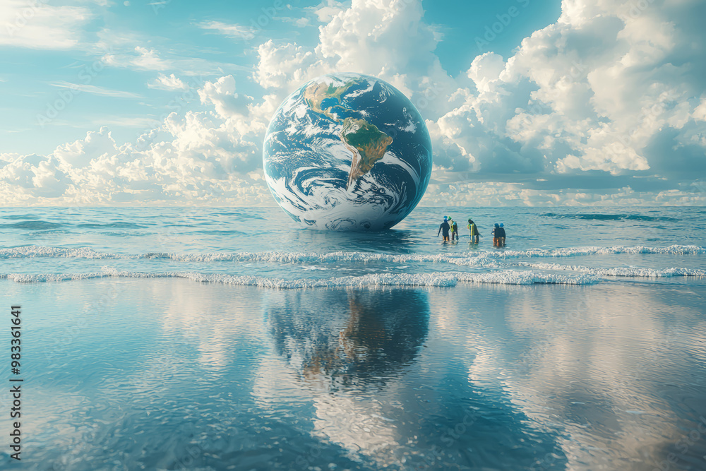 Poster a beach cleanup crew working on a small stretch of coast, with a large globe reflected in the ocean 
