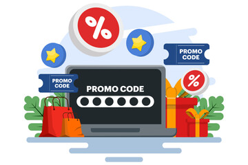 using promo code on online shopping payment, Discount code, Gift voucher, Gift card, Bonus, Promotional campaign. flat vector illustration for web banner, website design, social media.