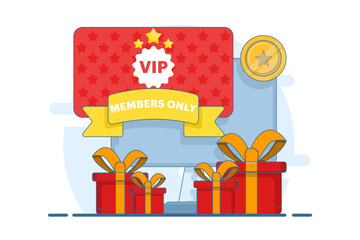 Loyalty program marketing strategy concept, loyalty card, discounts and bonuses, get reward points, cashback income. Loyalty program and customer rewards. Flat vector illustration.