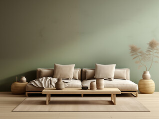 Japandi rustic minimalist, wabi sabi style simple interior living room. Neutral couch against sage green wall with shelf and decor