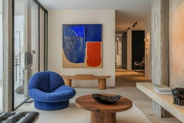 Inviting minimalist living room featuring a blue chair and wood elements with abstract art in a Scandinavian style
