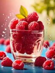 a glass of raspberries with a green leaf on it on table