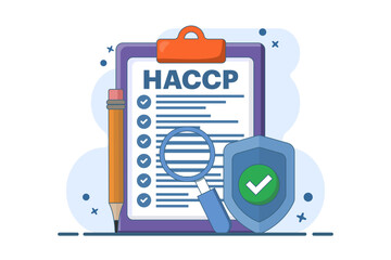 Fototapeta premium HACCP Concept. Critical Control Point Hazard Analysis with award or check mark. Food Safety warnings and guidelines in HACCP policy in healthcare sector. Flat vector illustration.