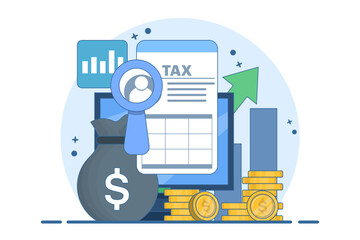 Tax payment concept, Document, Tax form, Audit, Financial accounting, Tax refund calculation, State tax, Tax planning, Due date, Salary calculation, Budget. Flat vector illustration.