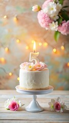 Birthday cake with candle number 5, presents, hats and colorful balloons over light grey background. Birthday Party
