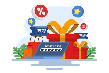 using promo code on online shopping payment, Discount code, Gift voucher, Gift card, Bonus, Promotional campaign. flat vector illustration for web banner, website design, social media.