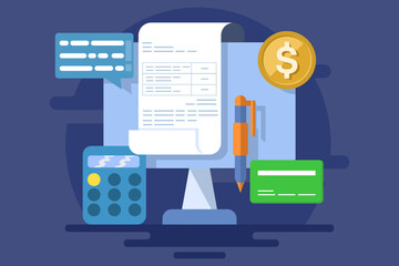 Online invoice maker concept, Send invoice online, Online bill payment, Business using accounting software to manage bills, invoice financial transaction data. flat vector illustration.