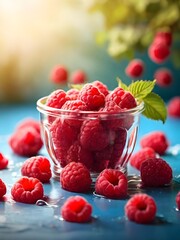 a glass of raspberries with a green leaf on it on table