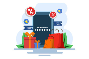 using promo code on online shopping payment, Discount code, Gift voucher, Gift card, Bonus, Promotional campaign. flat vector illustration for web banner, website design, social media.