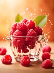 a glass of raspberries with a green leaf on it on table